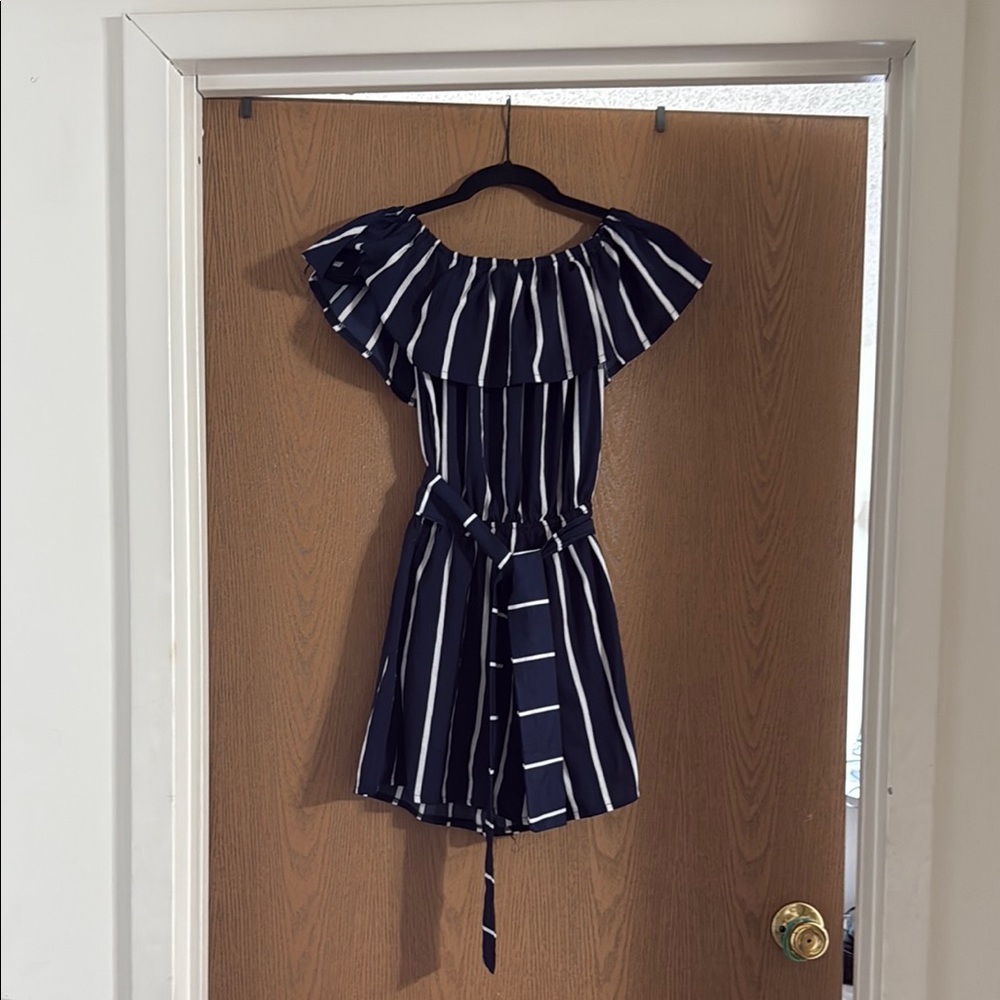 Navy and White Striped Off-Shoulder Romper